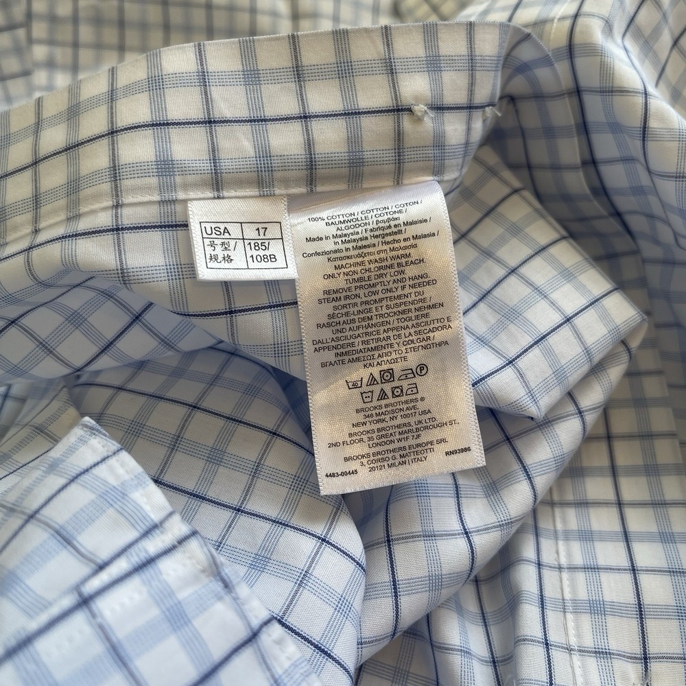 Brooks Brothers Regent Non-Iron Dress Shirt Men 17 34/35 Blue Check 100% Cotton - Picture 4 of 6